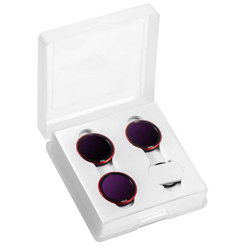 Drone lens filter set with three circular filters in white case