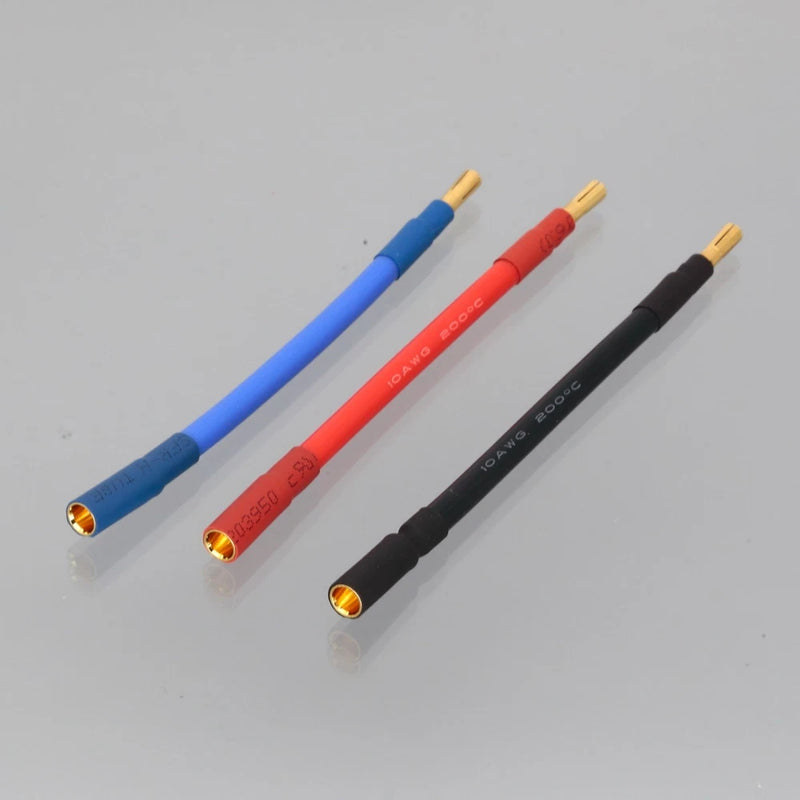 Heavy-duty 4mm-to-5mm bullet wire connectors, 3-pack: blue, red, black insulated leads