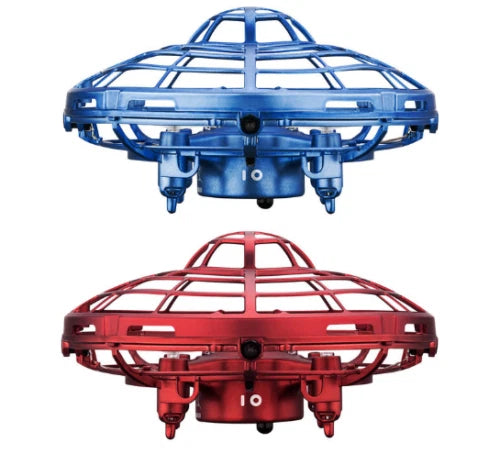 Motion controlled UFO R/C drone with blue and red clear dome frame