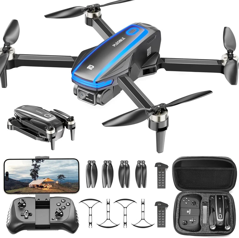 Black quadcopter drone with camera and foldable props, plus controller and carrying case