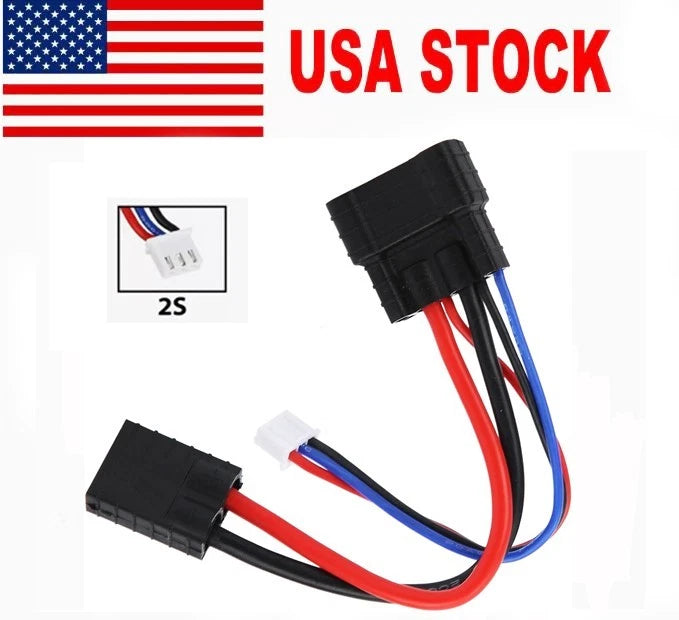 RC battery adapter cable with TRX-style black connector and red/blue/black wires