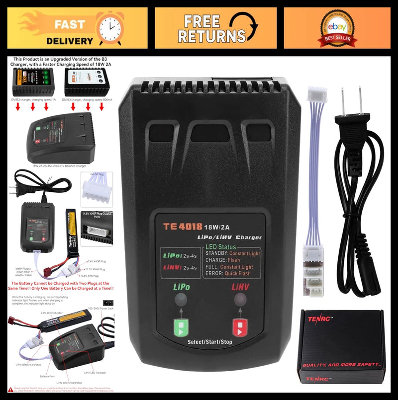 LiPo Battery Charger 2S 3S 4S Balance Charger 18W 2A for RC Cars Boats Drones Battery