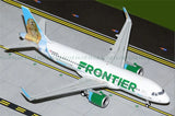 White and green Frontier Airlines Airbus A320neo plane model with landing gear