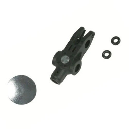 RC helicopter head block with hardware, dark plastic part and two washers