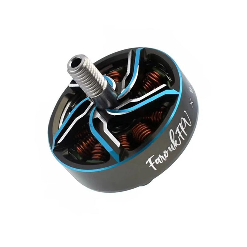 RC drone brushless motor, black stator with copper windings and blue accents