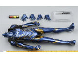 Blue-and-gold armored body and hands model with accessory battery and storage case
