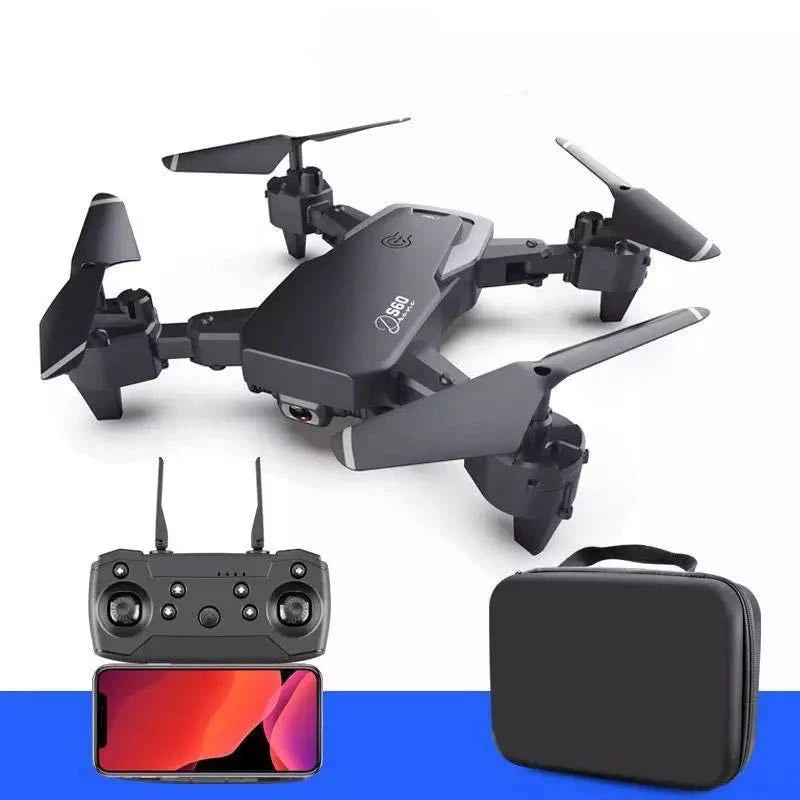 Quadcopter drone with remote controller and black carrying case