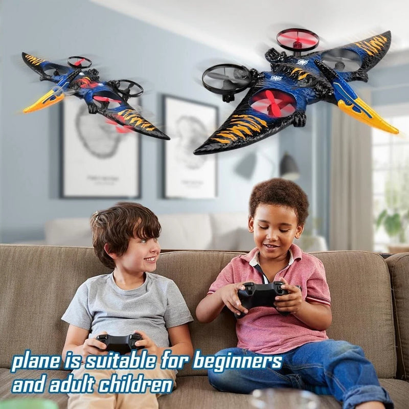 Dinosaur-themed RC pterosaur drone toy, blue body with orange wings and red lights