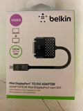 Belkin Mini DisplayPort to DVI adapter with black cable ends, retail box packaging