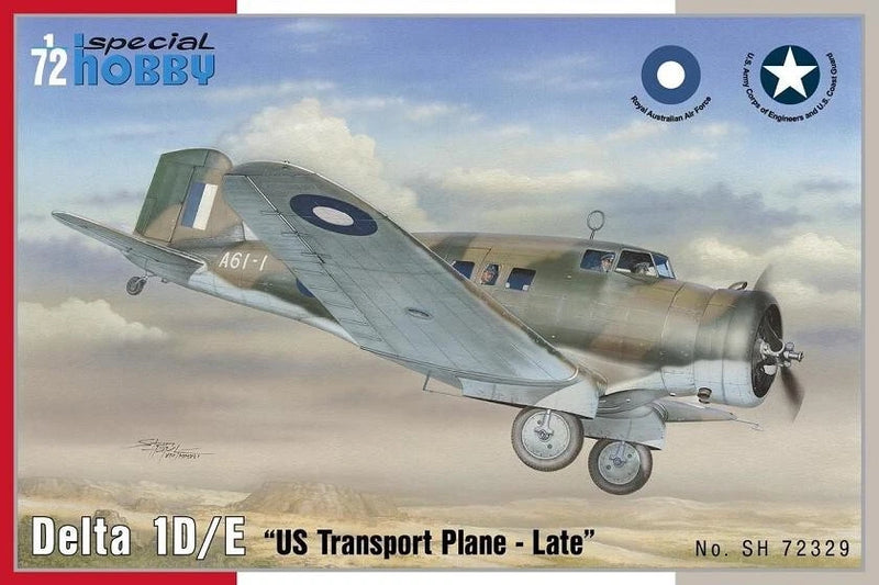 Delta transport plane model kit in 1:72 scale, gray/blue jet with landing gear (box)
