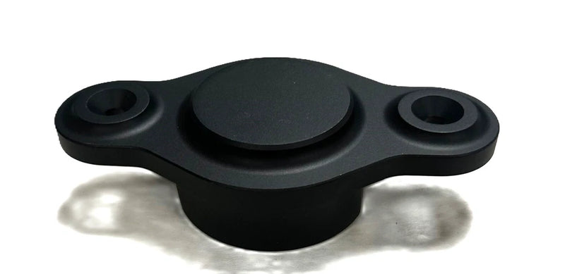 Black propeller adapter with central round hub and two side mounting holes
