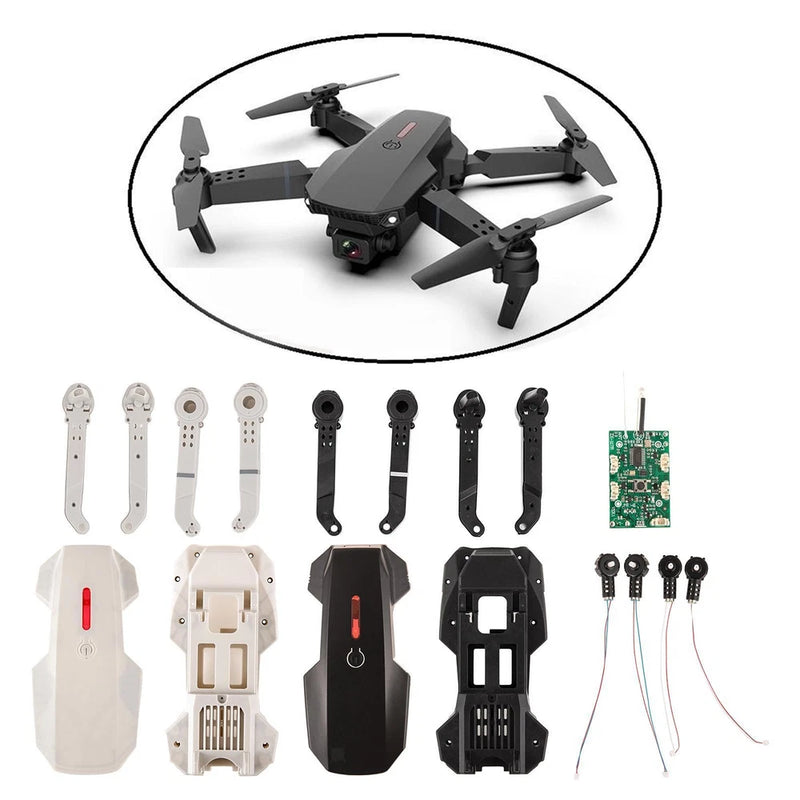 Folding drone accessory kit with prop arms, bases, and circuit board controller