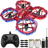 Red mini quadcopter with blue LED lights, remote controller and charging parts