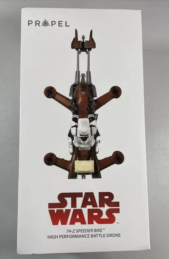 Propel Star Wars 74-Z speeder bike battling drone box front with robot and side blasters
