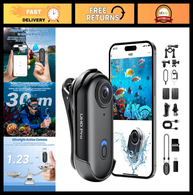 4K Wearable Action Camera, 64GB Hands-Free WiFi POV Cam, Waterproof Mini Cam for