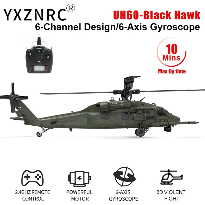 YXZNRC UH60 Black Hawk 6CH Gyro 2.4G 6-axis 3D Flybarless RC Helicopter 2Battery