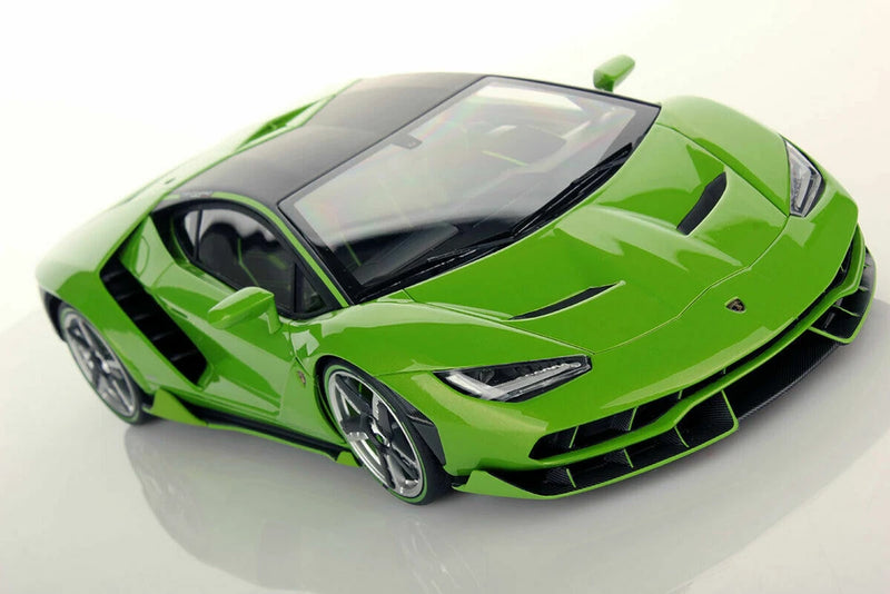 Lime green 1:18 scale Lamborghini Centenario model car with front grille and headlights