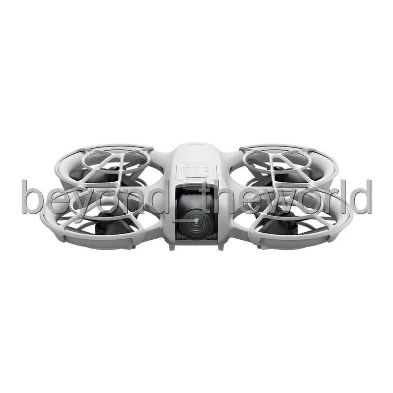 Light gray quadcopter drone with front camera and four propellers