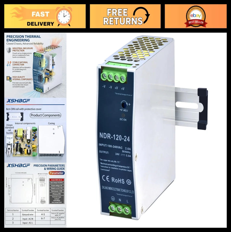 24V DC Power Supply 120W DIN Rail Converter 100-240VAC Input 24V 5A Switcher