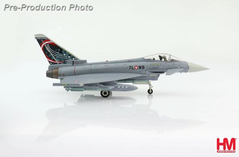 Gray Eurofighter Typhoon model jet with Austrian markings, landing gear down