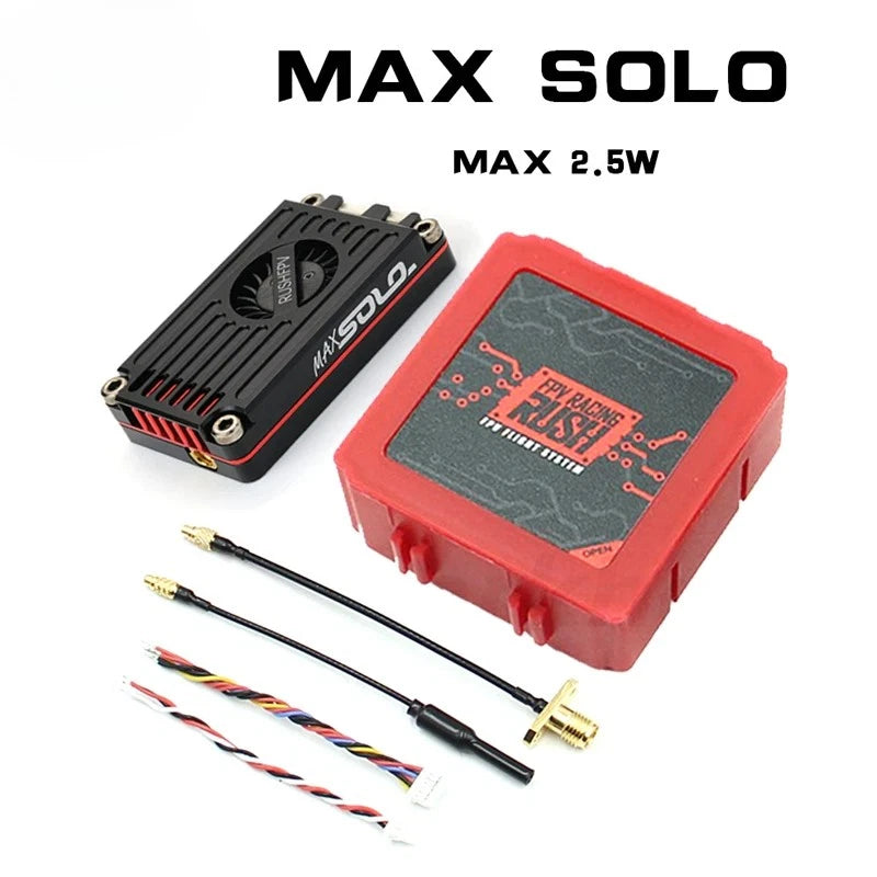 RC FPV video transmitter with red shell, antennas and cables