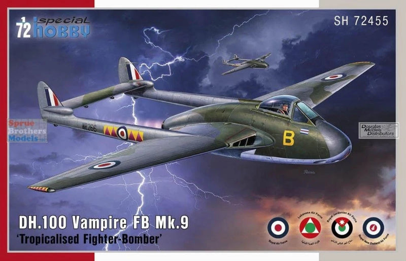 DH.100 Vampire FB Mk.9 model kit box art, green camo jet with fighter-bomber markings