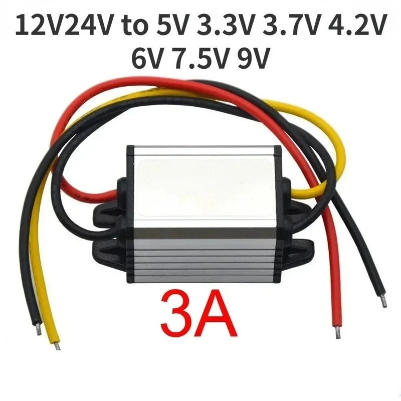 DC-DC buck converter module with heatsink and red, yellow, black input wires, 3A