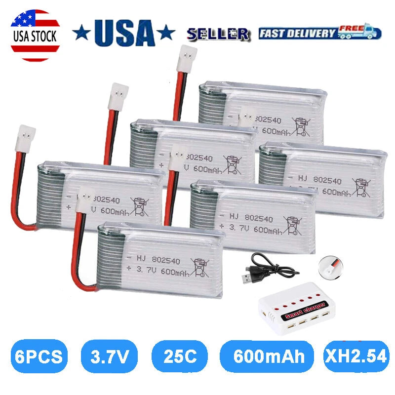 6X 3.7V 600mAh 25C Lipo battery XH2.54 Plug USB Charger For RC Quadcopter Drone Battery