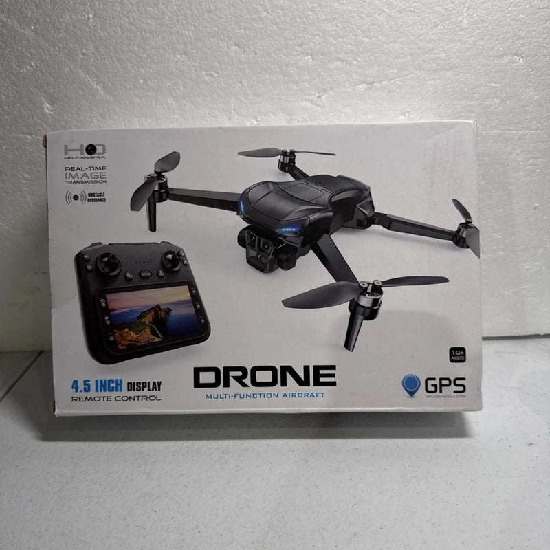 Drone with 4.5-inch display, remote controller and GPS, shown on sealed retail box