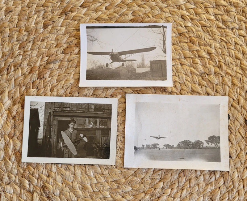 Vintage lot of 3 aircraft snapshot photographs, black-and-white airplane scenes