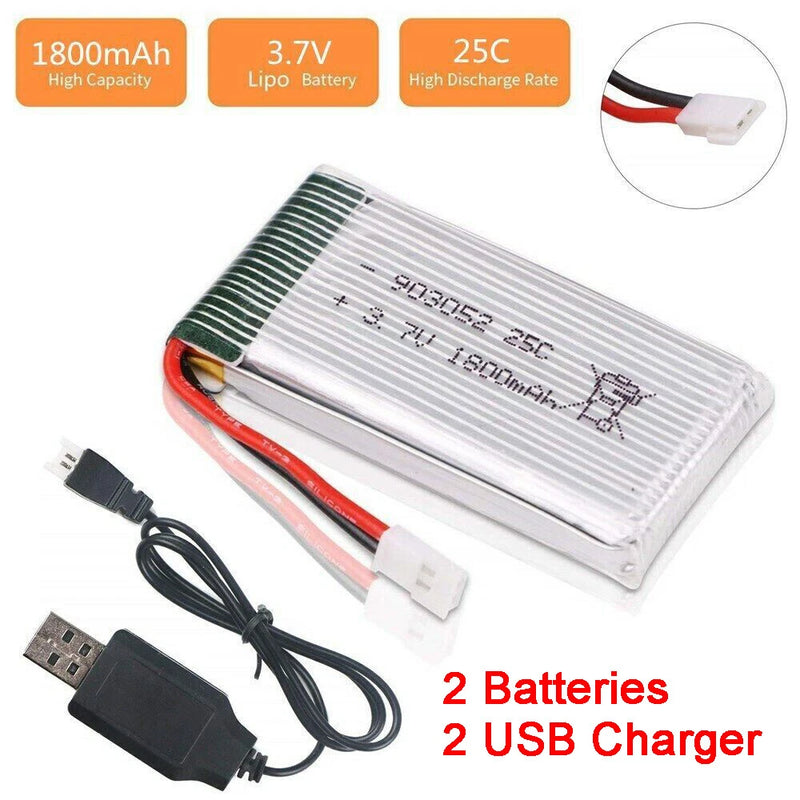 2 Pack 3.7V 1800mah Lipo Battery 25C XH2.54 Plug with USB Charger for RC Drone