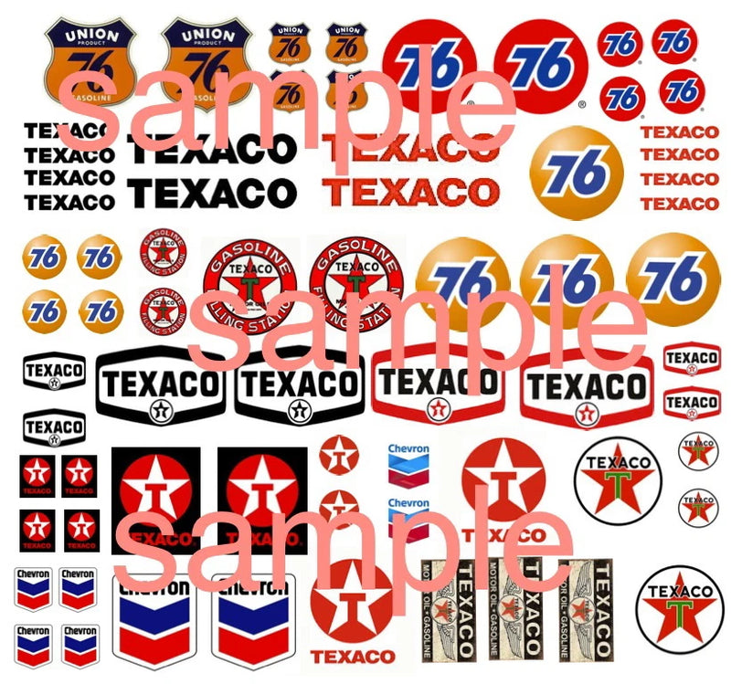 Water-slide decal sheet set with Texaco and 76 assorted car logos and emblems