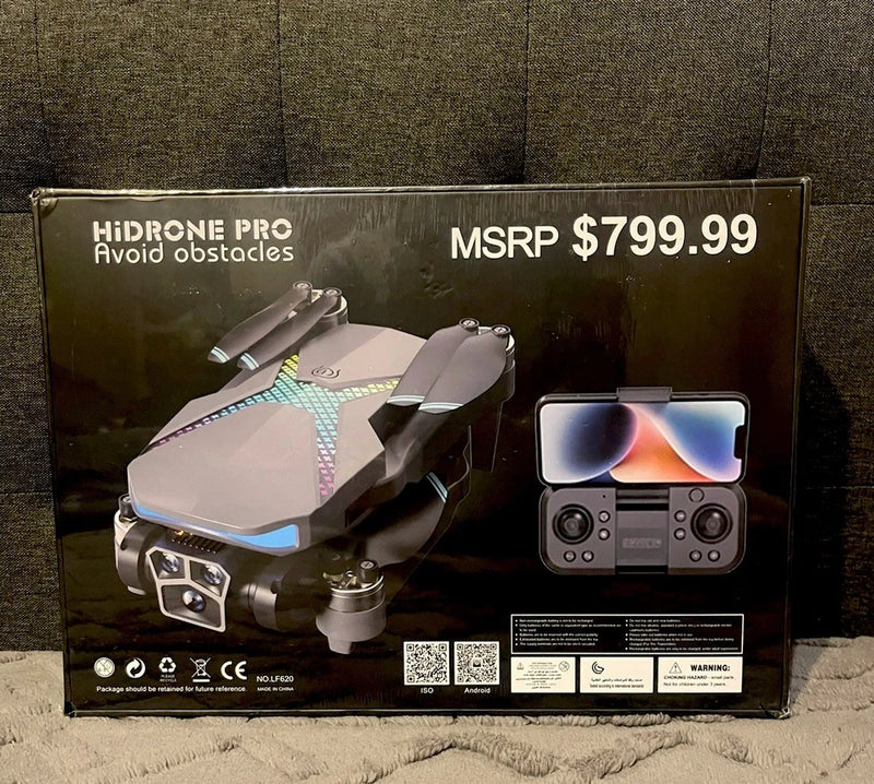 Ready-to-fly white RC drone in retail box with controller and obstacle avoidance graphics
