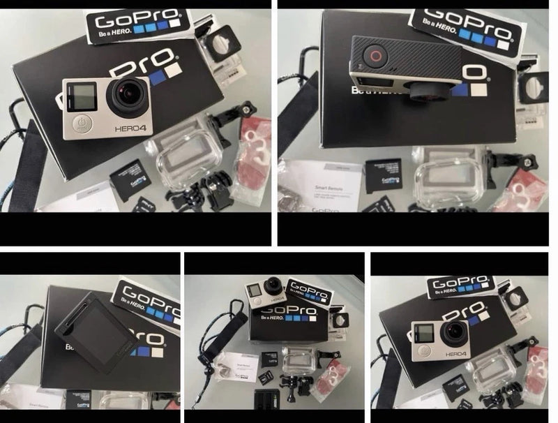 Black GoPro action camera with waterproof housing and mounting accessories set