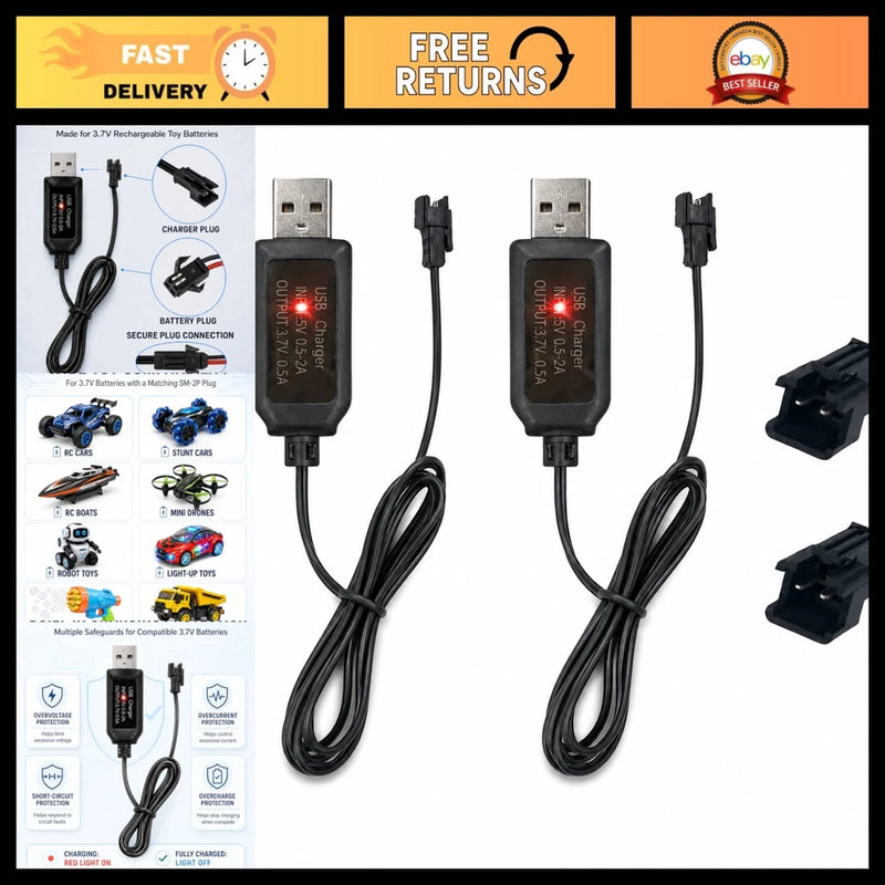 RC car battery charger set with two USB cables and red LED charge indicators