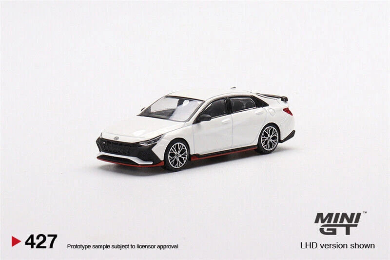 MINI GT 1:64 Elantra N diecast model car, ceramic white with red trim, LHD