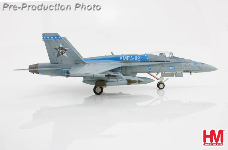1:72 scale F/A-18C model jet, gray with blue accents, landing gear down, side view
