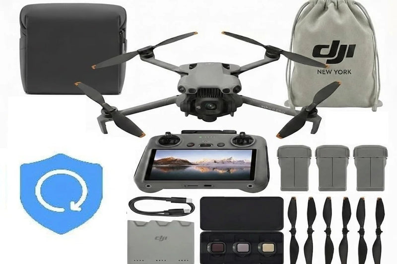 Drone kit with controller screen, extra batteries, propellers, case and carrying pouch