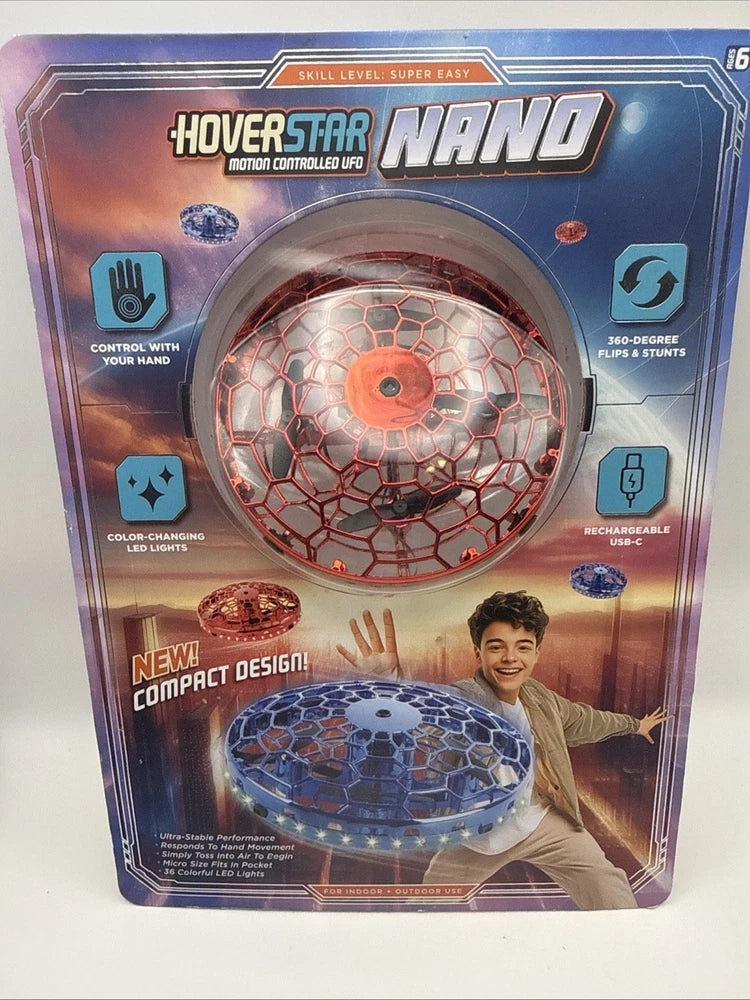 Red nano motion UFO toy with hand controller, shown in retail packaging