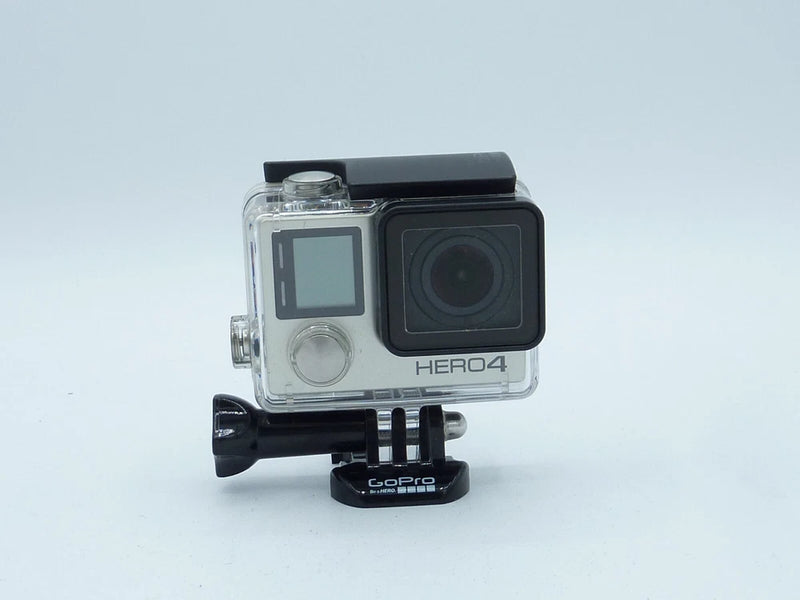 GoPro HERO4 action camera in clear waterproof housing with mount base, silver/gray