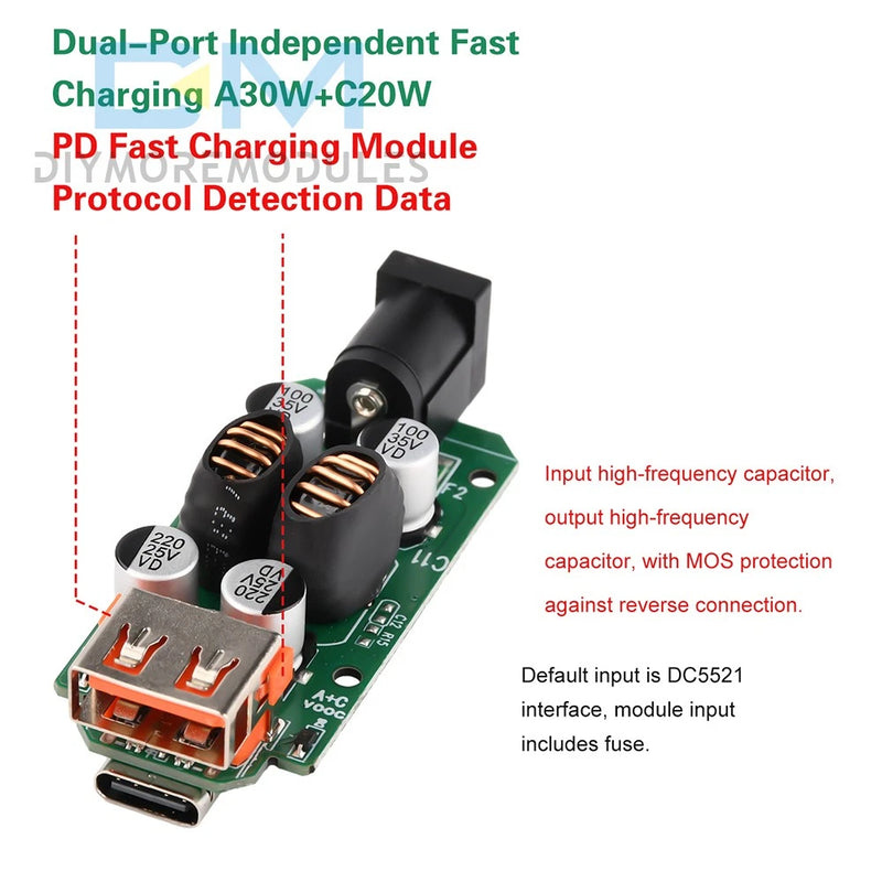 Multi-Protocol Fast Charging Adapter Module Car Buck Module USB-A 30W+Type-C 20W