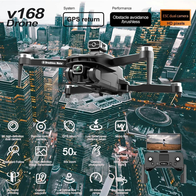 Quadcopter drone with mounted camera, four rotors, and controller screen shown