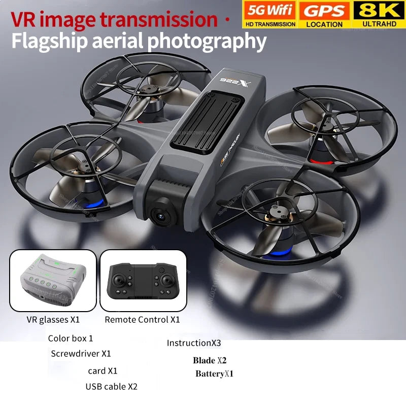 Gray quadcopter drone with four propellers and front camera, black controller shown