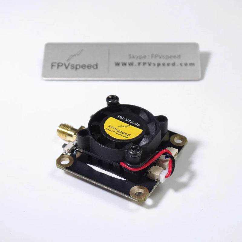 FPVspeed VTX-S6 FPV VTX module with black heatsink, gold SMA connector, red wires