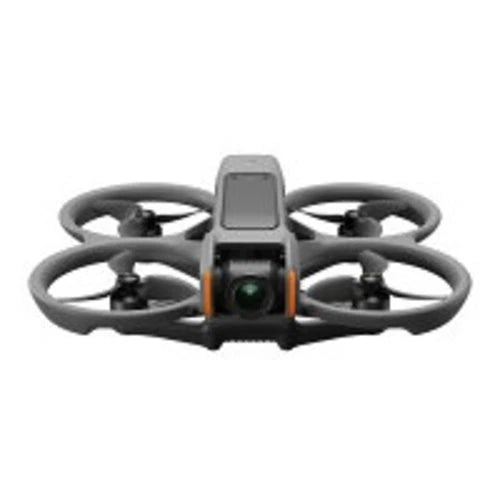 Compact quadcopter drone with front camera and four propellers, dark gray
