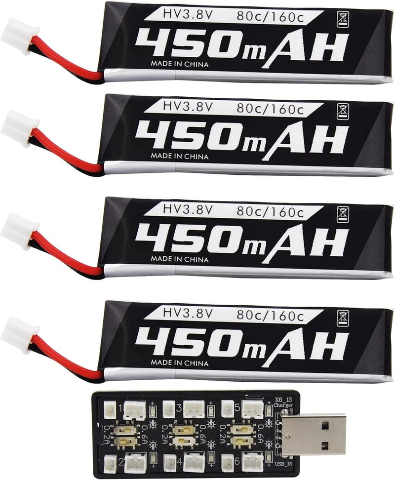 4 Pack 1S 3.8V 450mAh 80C Lipo Battery with PH2.0 Plug Compatible with S Free Battery
