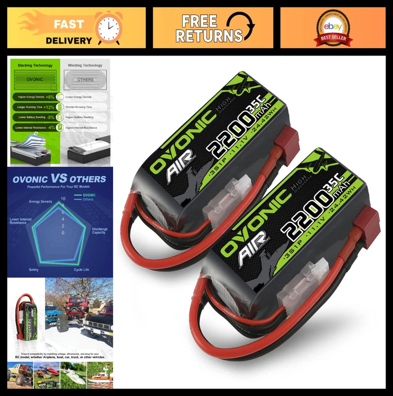 High-Performance 3S 11.1V 2200mAh Lipo Battery 35C-70C Deans Connector - 2 Pack Battery