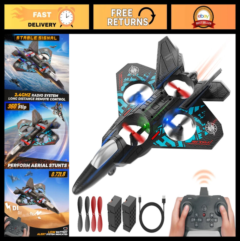 Blue and gray kid RC drone with LED lights, red prop guards, remote controller set
