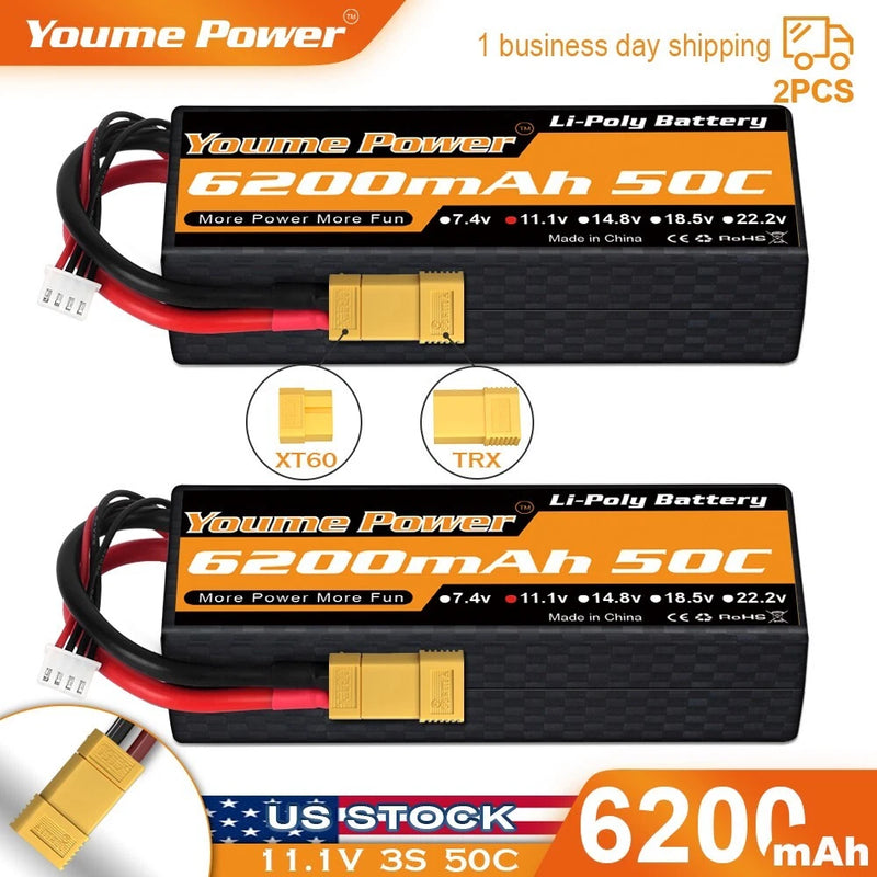 2pcs 11.1V 6200mAh 3S XT60TRX LiPo Battery Hard case for Rc Car Truck Buggy FPV Battery