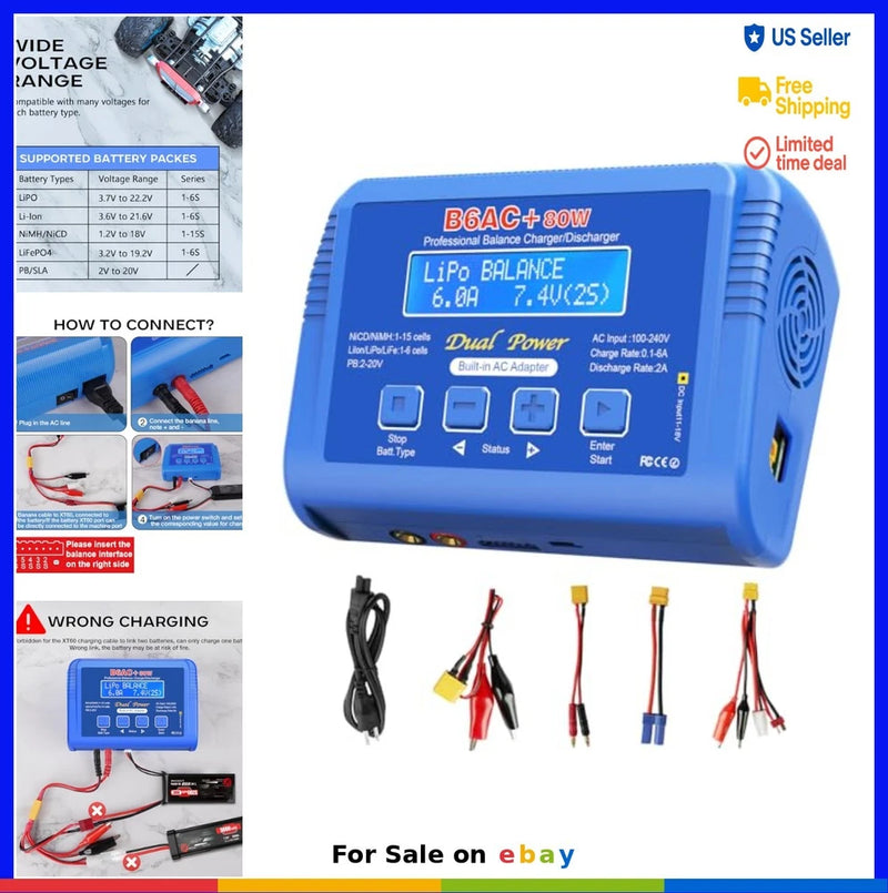 Blue RC balance battery charger with LCD display, 6A dual power and charging leads